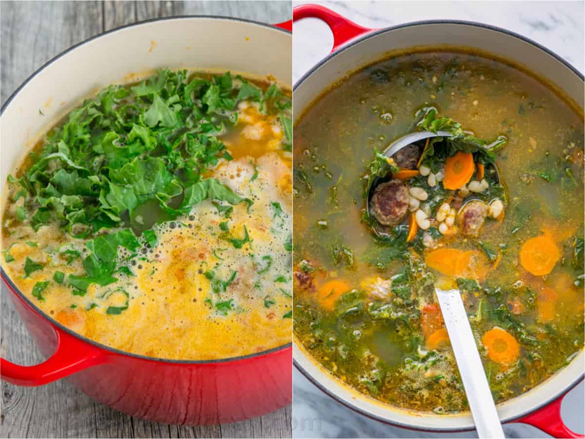 Sausage and Kale Soup is full of veggies and hearty bratwurst sausage cut like meatballs, and it's easy to make in 1 pot and in under 1 hour. Before and after photos of Kale wilting after add it to sausage and kale soup recipe