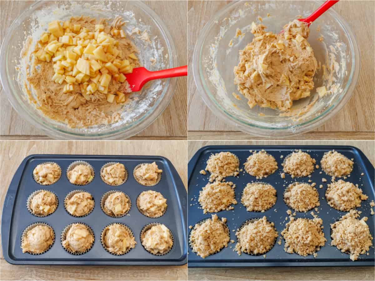 Bakery-style Apple muffins with crumb topping are so easy to make, with a moist crumb and chunks of apple inside. Uses just pantry staples. step-by-step directions on how to add apples to apple muffin recipe, divide into muffin tin, and add crumb topping