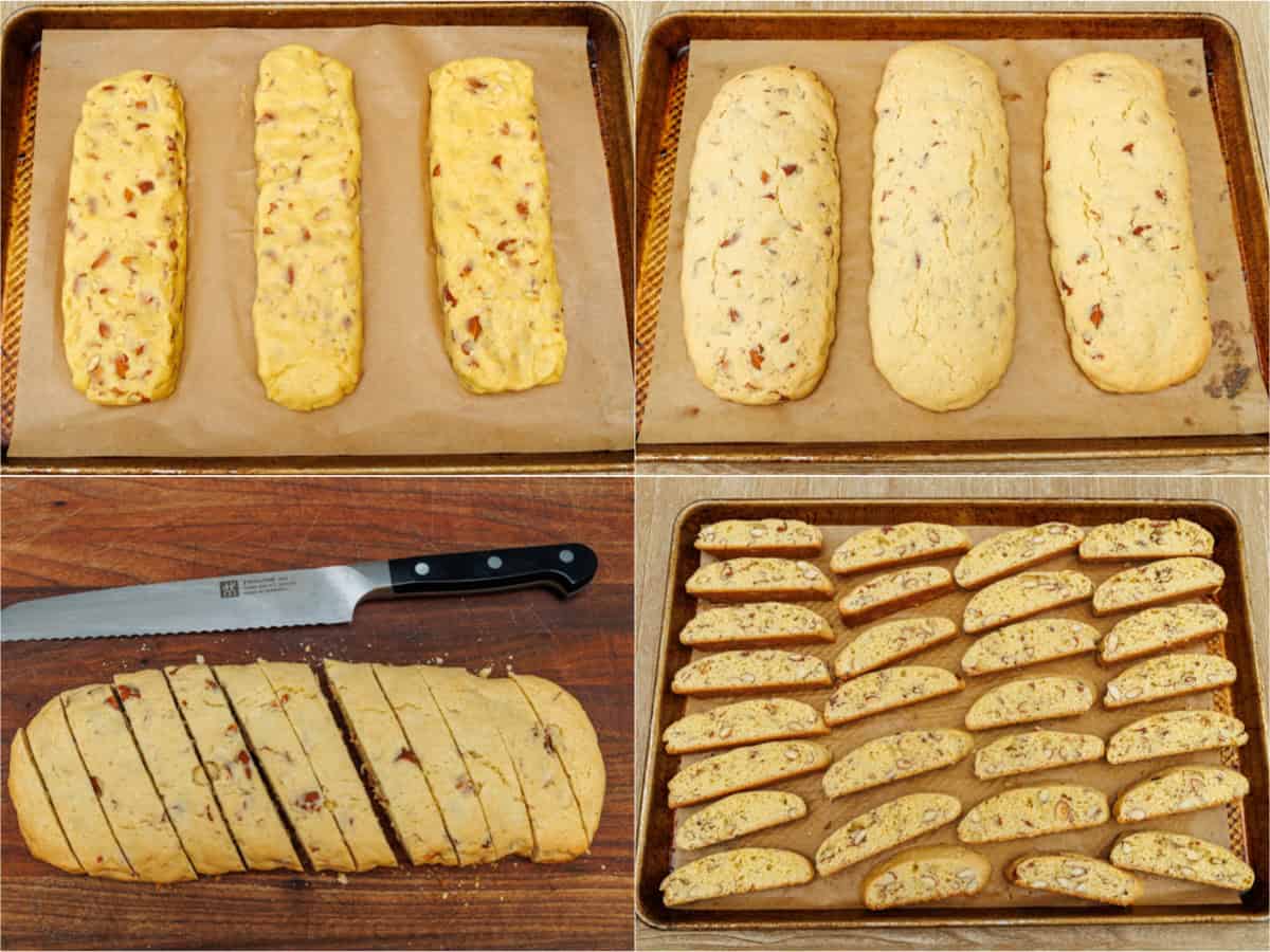 step-by-step pictures of how to make biscotti from making the dough longs to cutting them and baking again