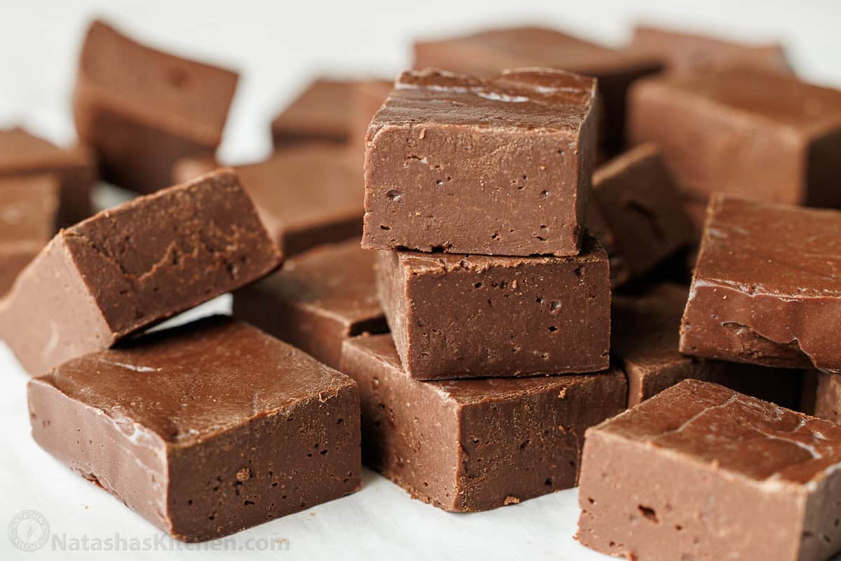 Easy Chocolate fudge recipe cut into squares and stacked