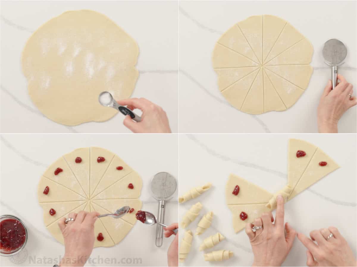 Step by step hot to cut dough into triangles and roll to make rugelach cookies
