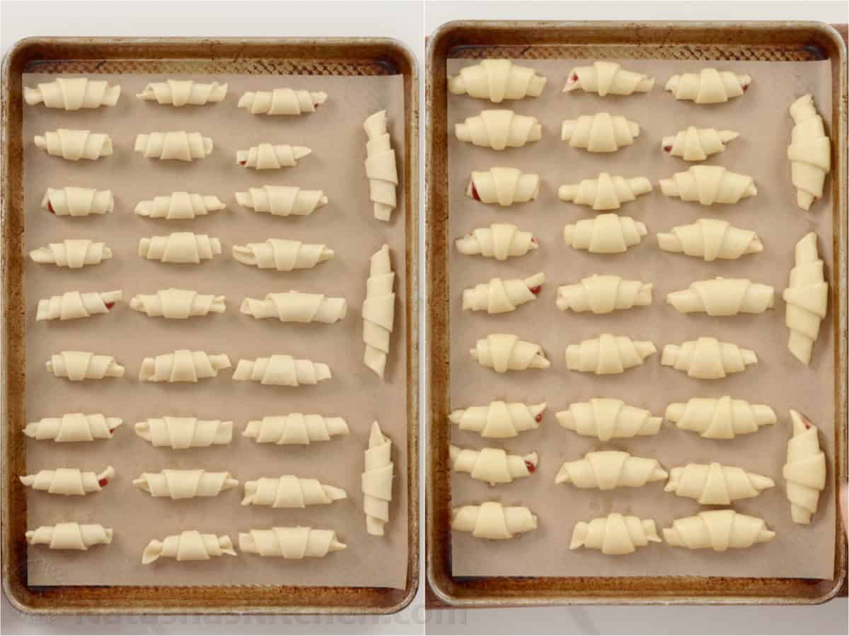before and after Rugelach cookie proofing on a baking sheet