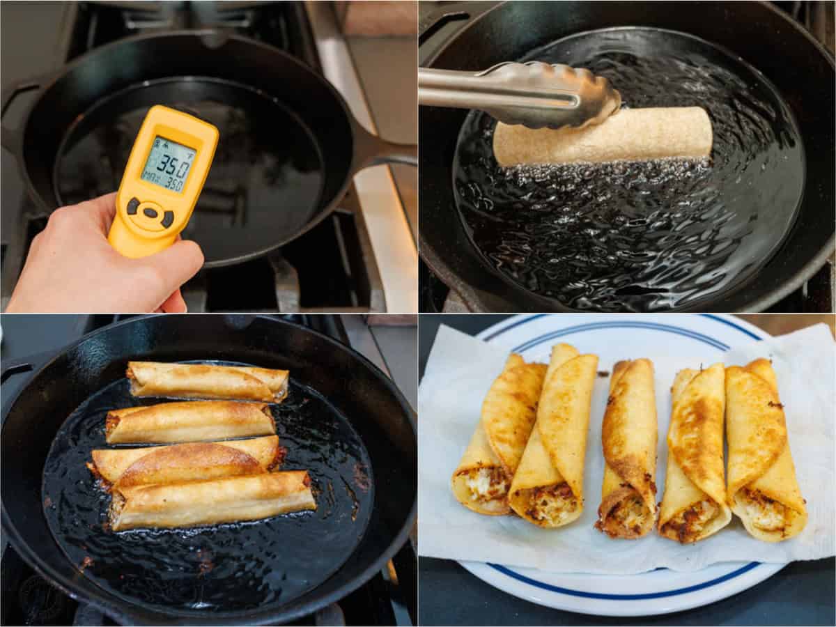 Side-by-side pictures of how to fry chicken and cheese taquitos in a skillet