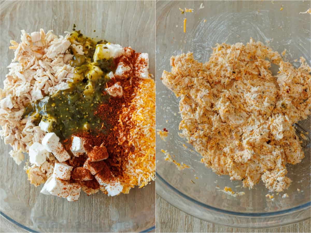 mixing chicken taquito filling with shredded chicken cream cheese, shredded cheese, taco seasoning, and salsa verde