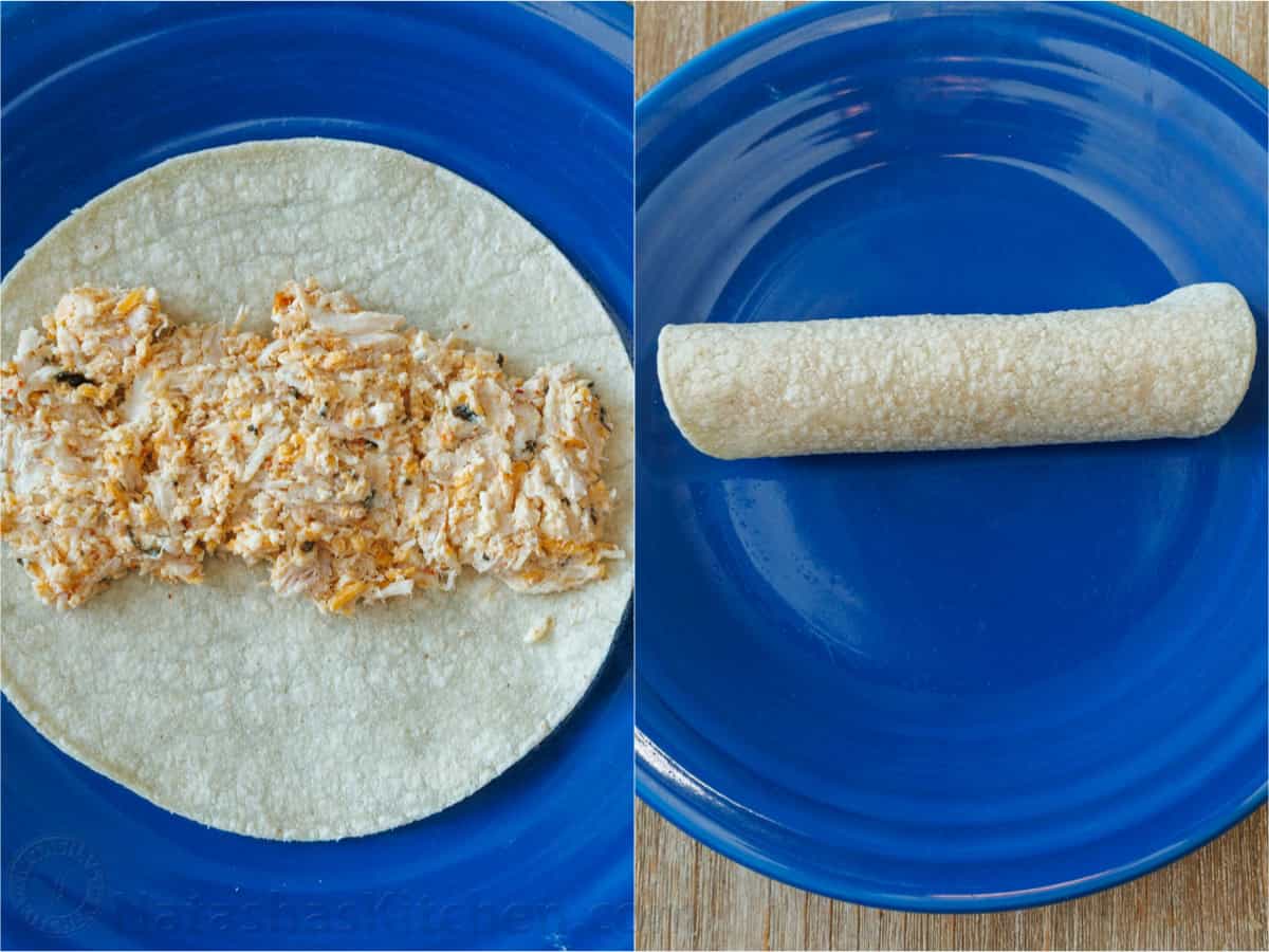 Side-by-side photos of unrolled and rolled stuffed tortillas on a blue plate