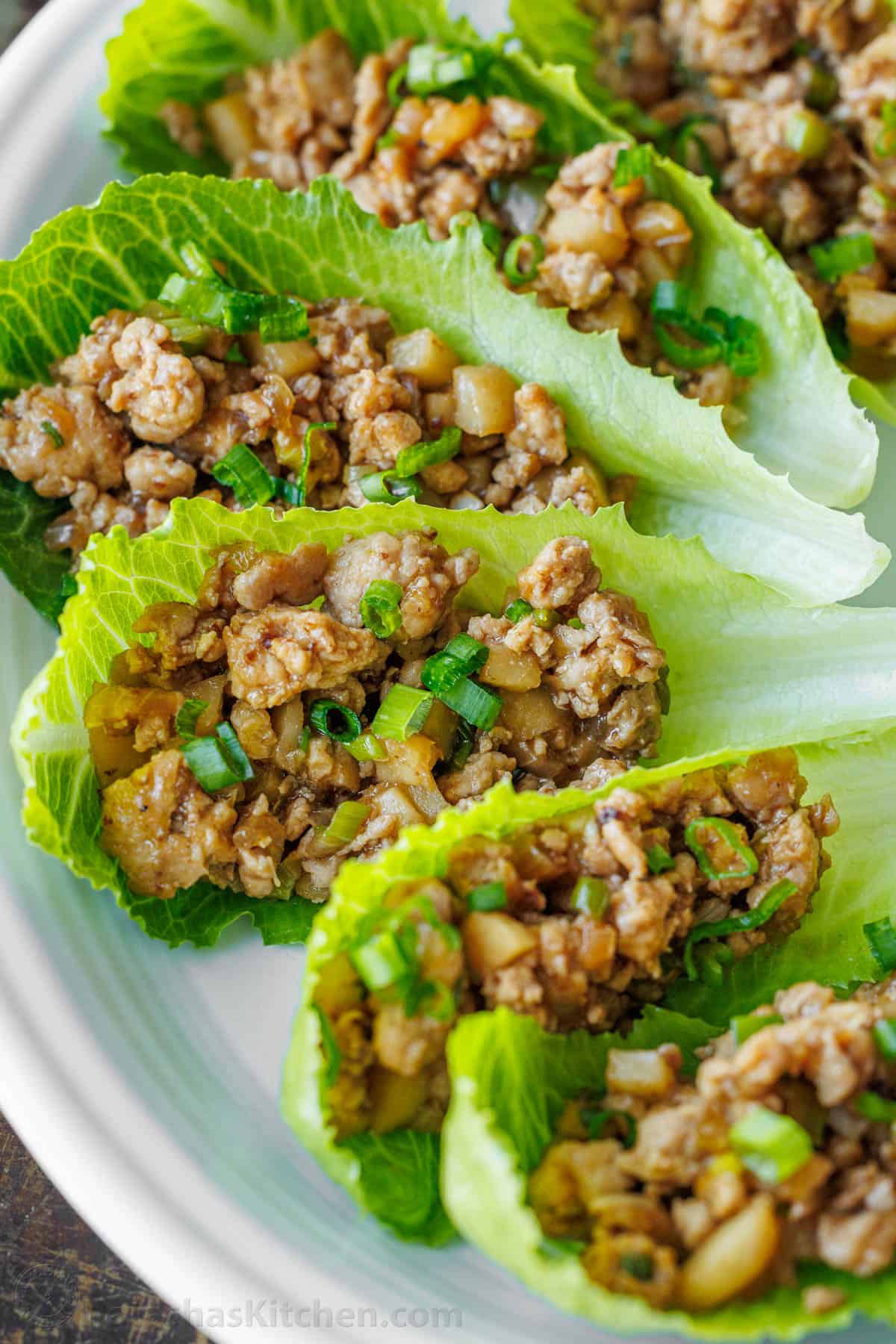 Romaine Asian cups with ground meat filling and green onion garnish