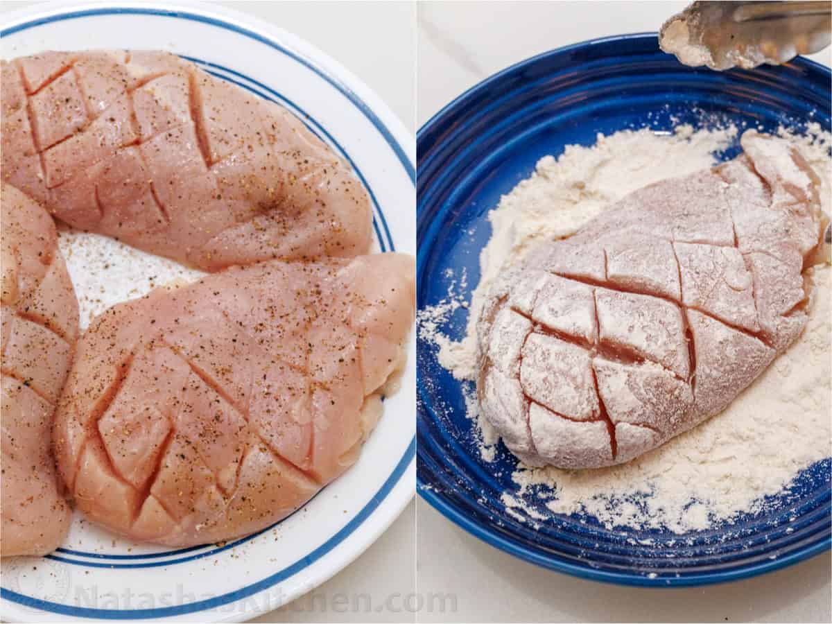 Scored meat with salt and pepper covered in flour