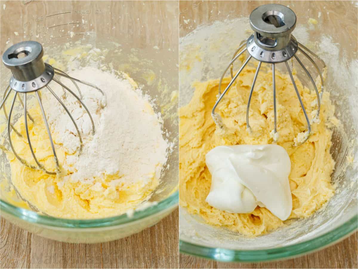 how to add Greek yogurt and flour into the batter to make coffee cake