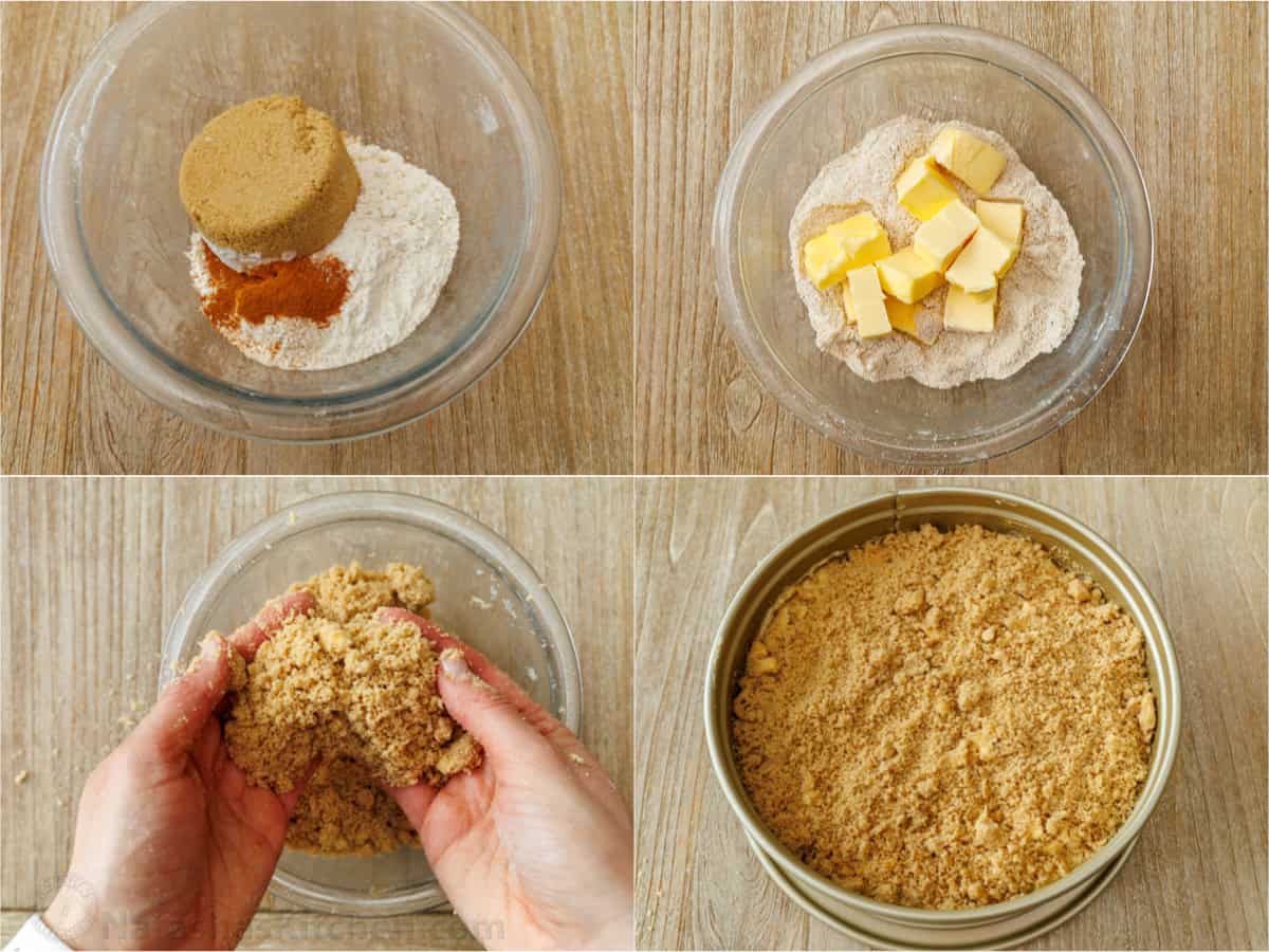 how to make a crumb topping in photos from mixing the dry ingredients to cutting in butter with your fingers and putting on top of the batter