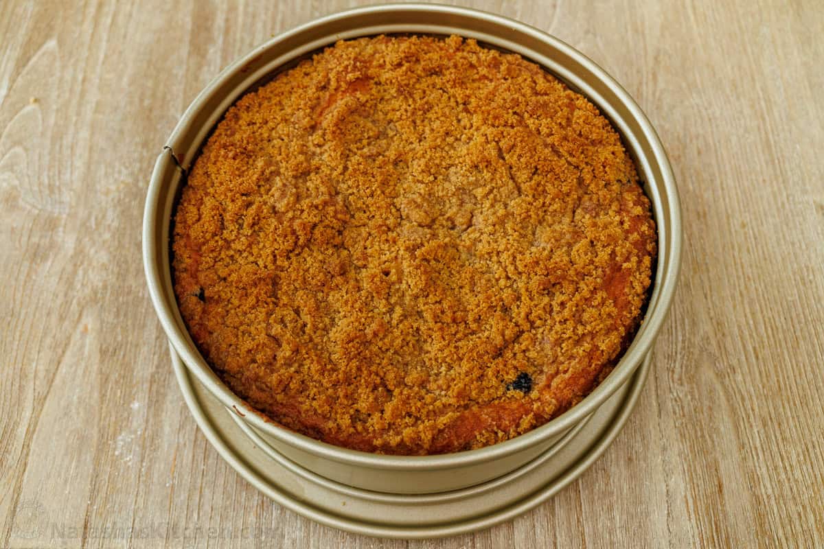 Blueberry coffee cake with crumb topping baked in a round baking pan