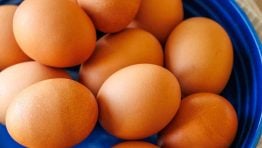 large plate of brown eggs on a blue plate