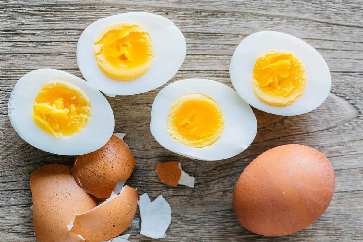 hard boiled eggs peeled and cut in half