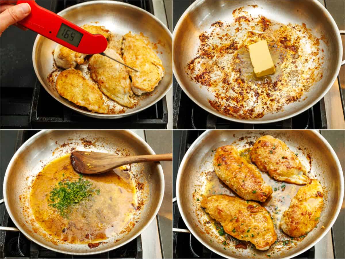 side-by-side photos of how to saute chicken breast in a pan with lemon butter sauce