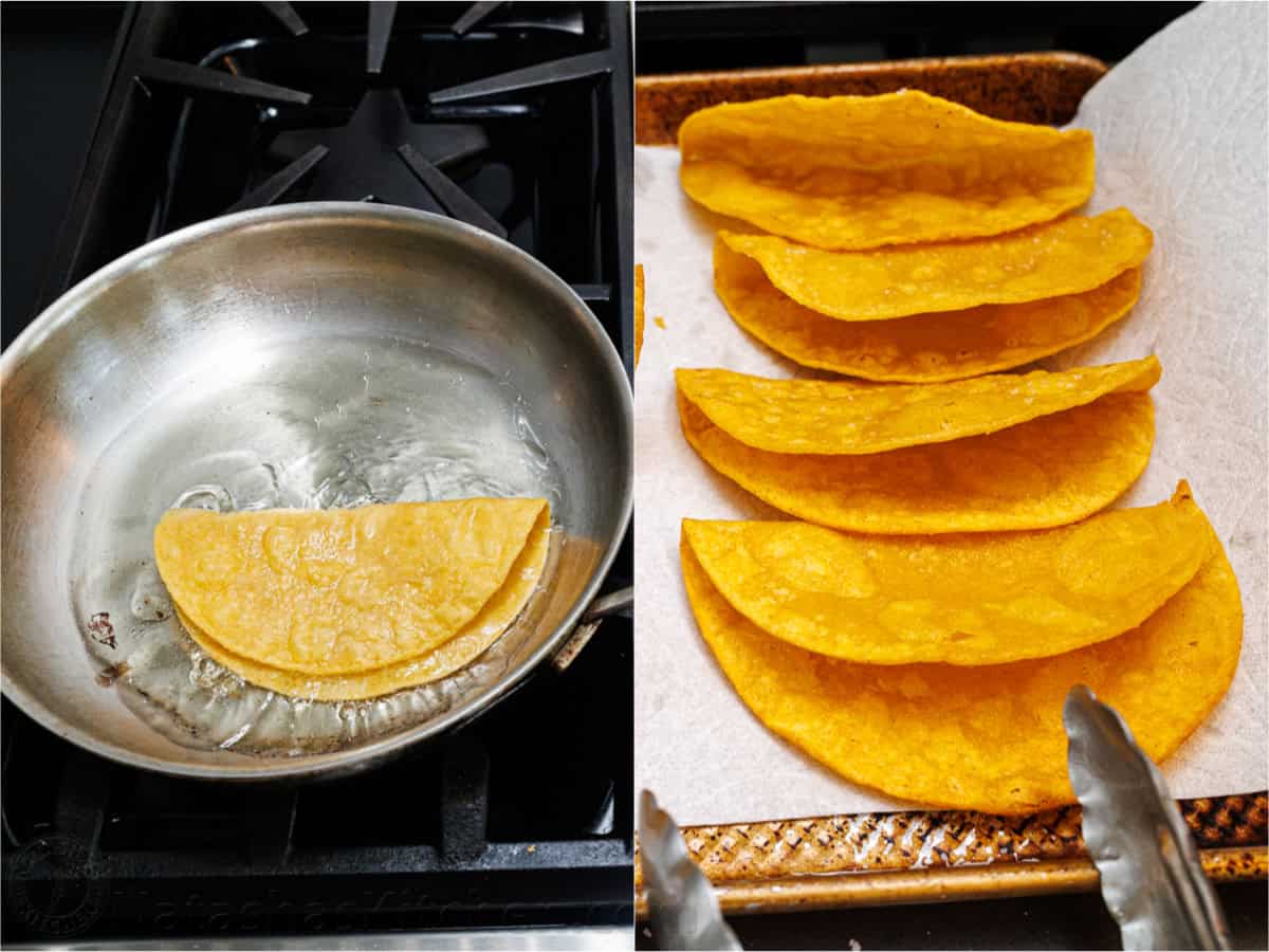 how to make hard tortilla shells in a skillet and dry on a paper towel
