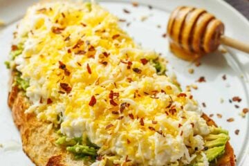 High protein avocado toast with egg and cottage cheese on sourdough bread