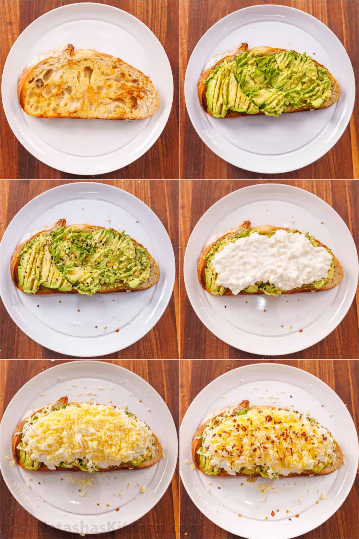 High Protein Avocado Toast with cottage cheese, avocado, grated egg, honey, and chili flakes. A filling breakfast with 23 grams of protein. How to build avocado toast with sourdough bread, avocado, seasoning, cottage cheese, hard-boiled egg, honey and red pepper flakes