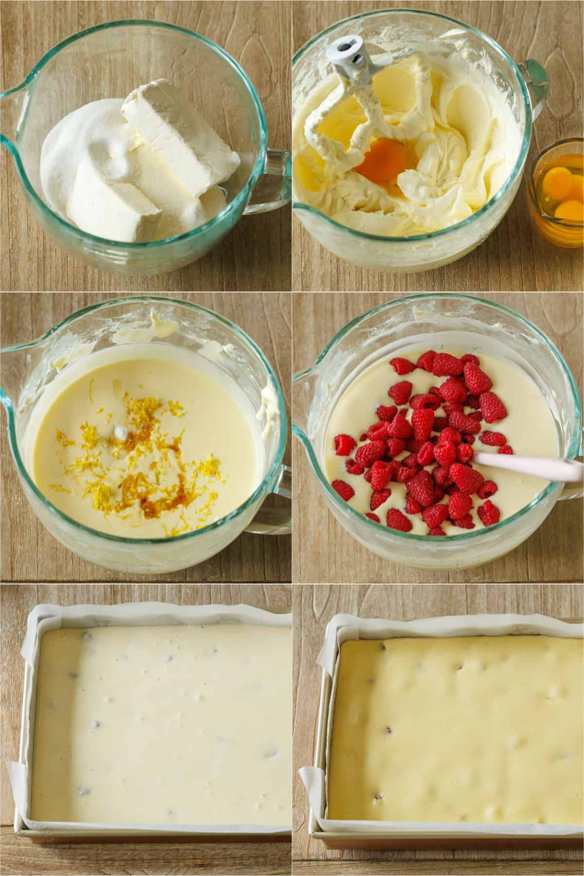 Step-by-step photos of how to make raspberry lemon cheesecake bars from creaming the cream cheese and sugar to adding raspberries to spreading in the pan.