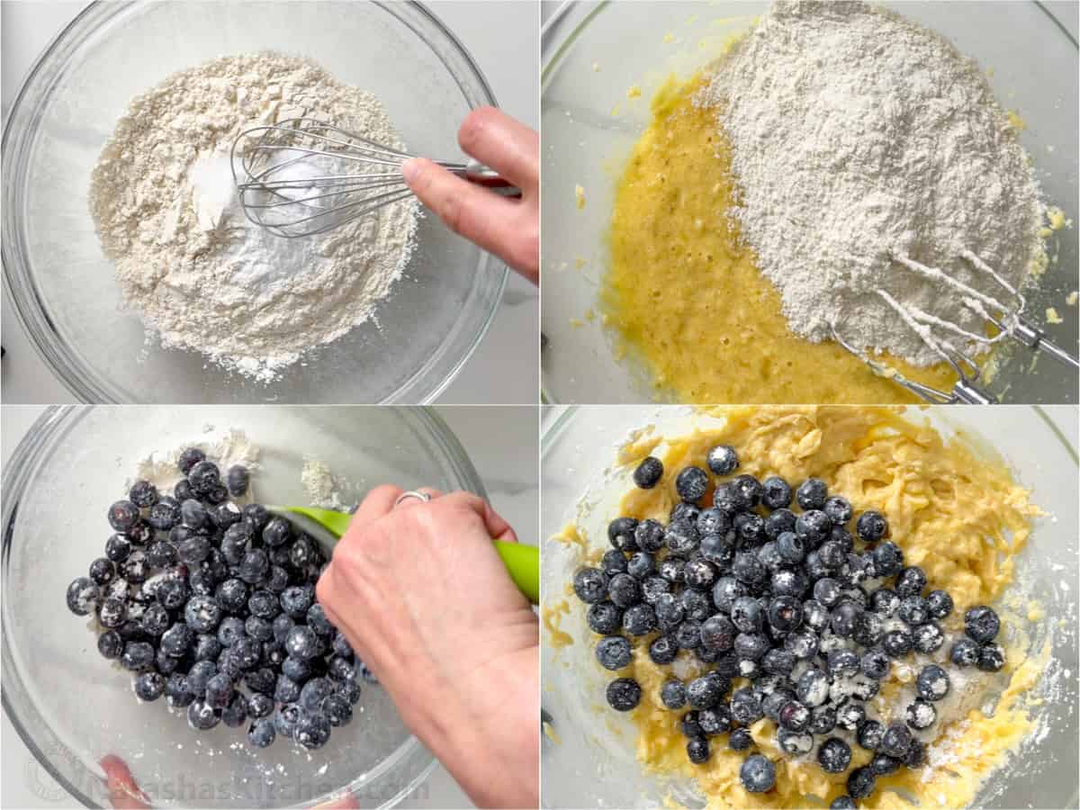 Easy Blueberry Banana Muffins bake up moist, tall, domed, and fluffy with great banana flavor and plenty of juicy blueberries. Adding dry ingredients and fruit to a batter