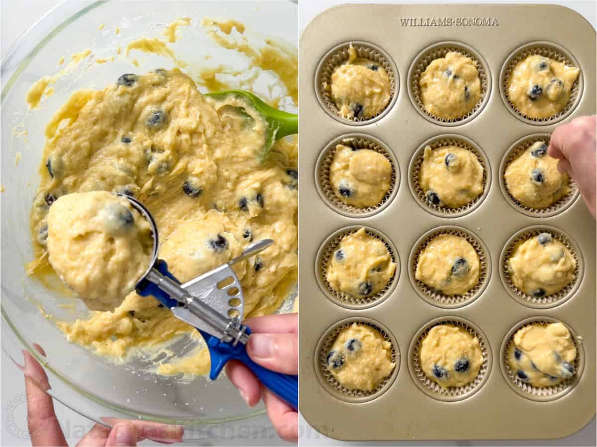 Easy Blueberry Banana Muffins bake up moist, tall, domed, and fluffy with great banana flavor and plenty of juicy blueberries. ice cream scoop filling a cupcake tray with batter