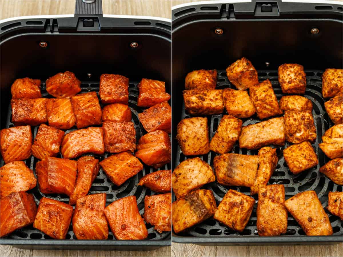 Before and after images of air frying chunks of seasoned seafood