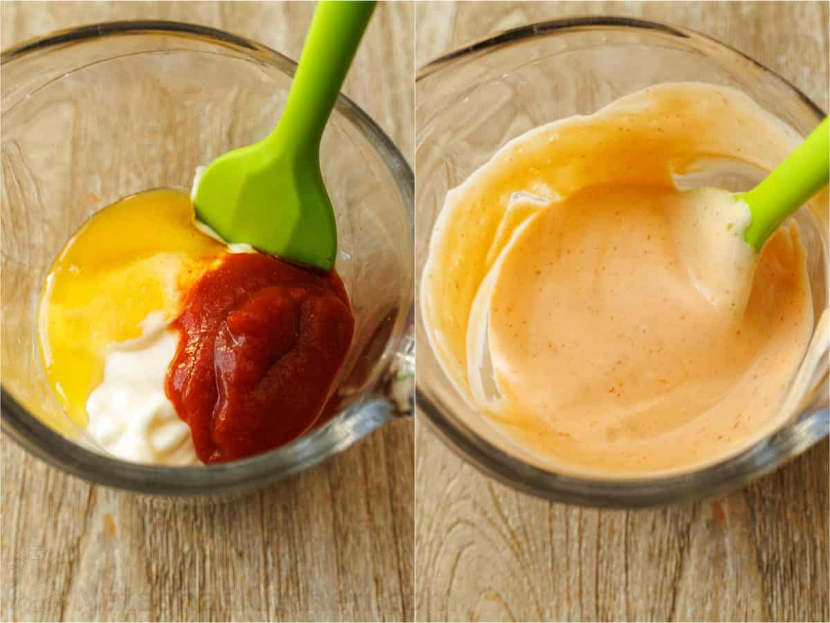 how to mix an easy mayo dipping sauce in a clear dish using a green spatula