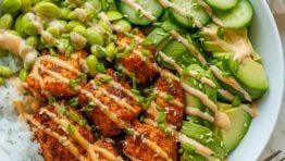 Salmon bowls recipe in a large bowl with mayo sauce drizzled over the top