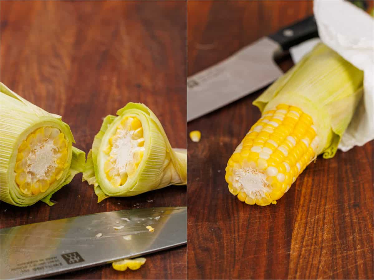 Microwave corn on the cob is the easiest way to serve corn in just minutes! No need to remove the husks. It's the perfect summer side dish. Before and after cutting off the bottom of the corn stalk