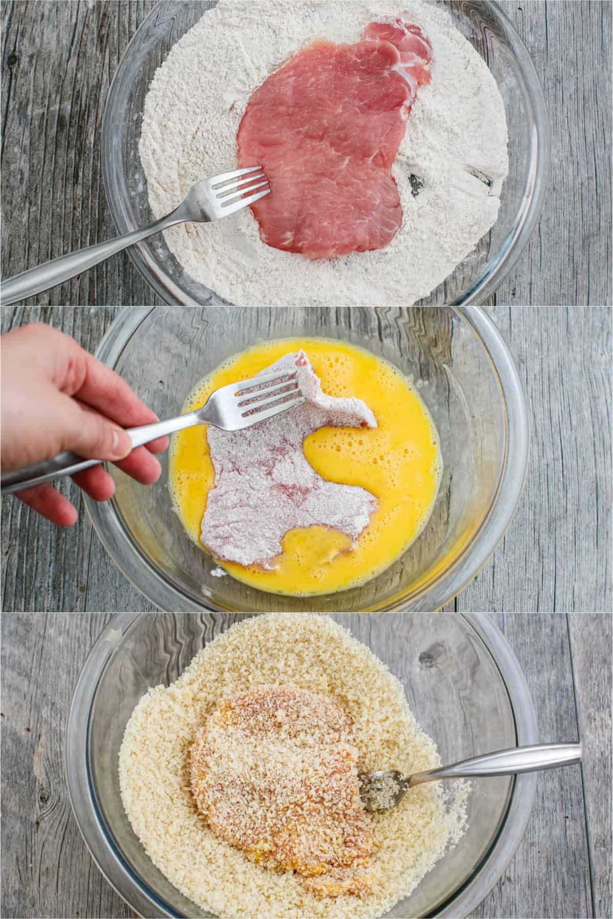 step by step collage how to bread pork schnitzel cutlets