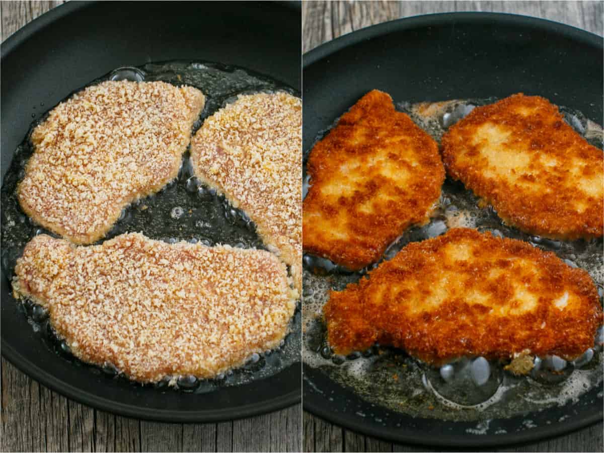 Before and after pan-frying the pork schnitzel in hot oil