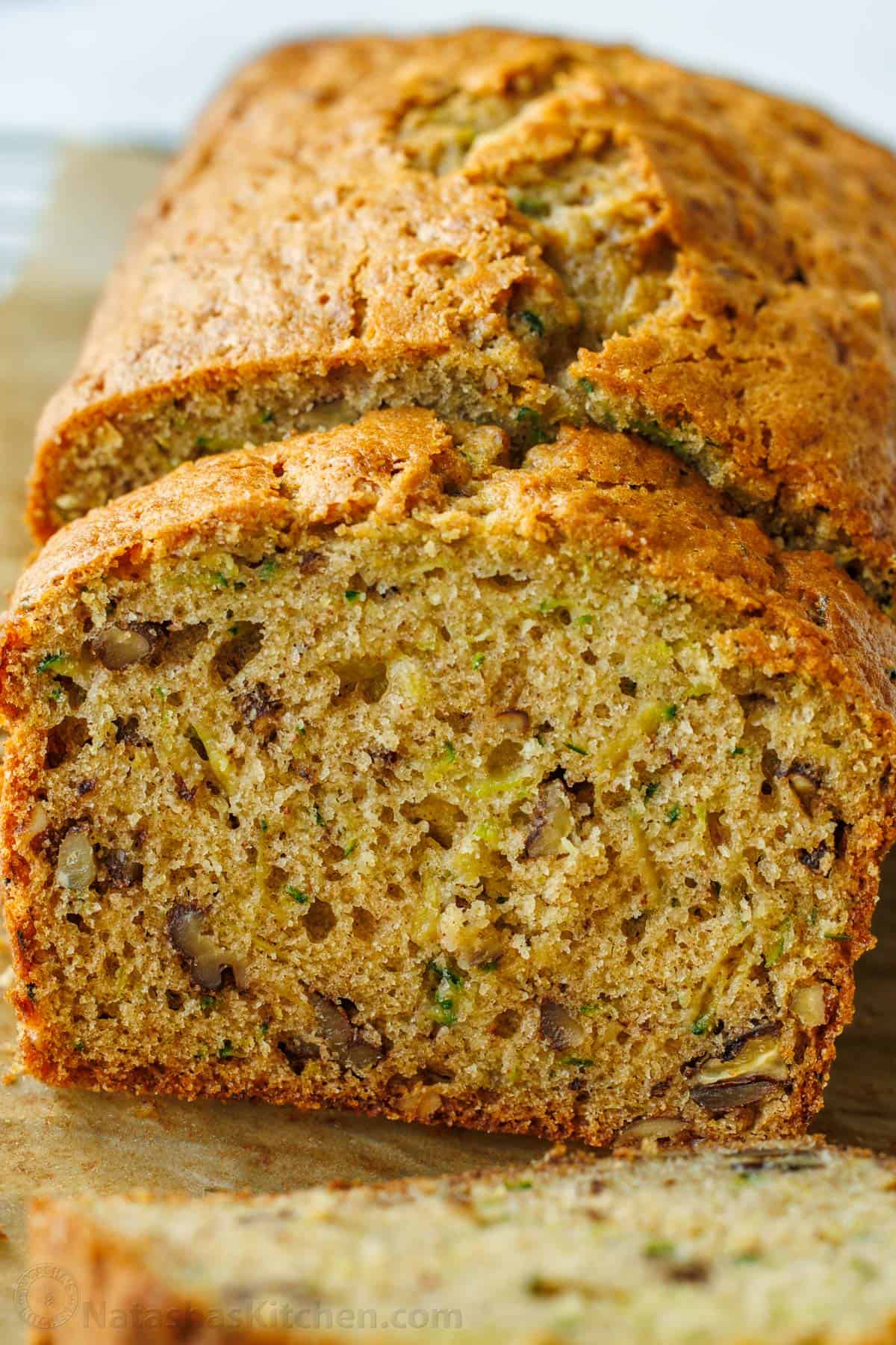 Sliced zucchini bread ready for storage. 