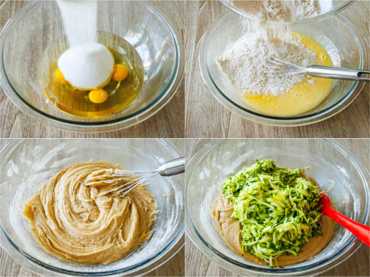 Step by step collage to make zucchini bread with grated zucchini
