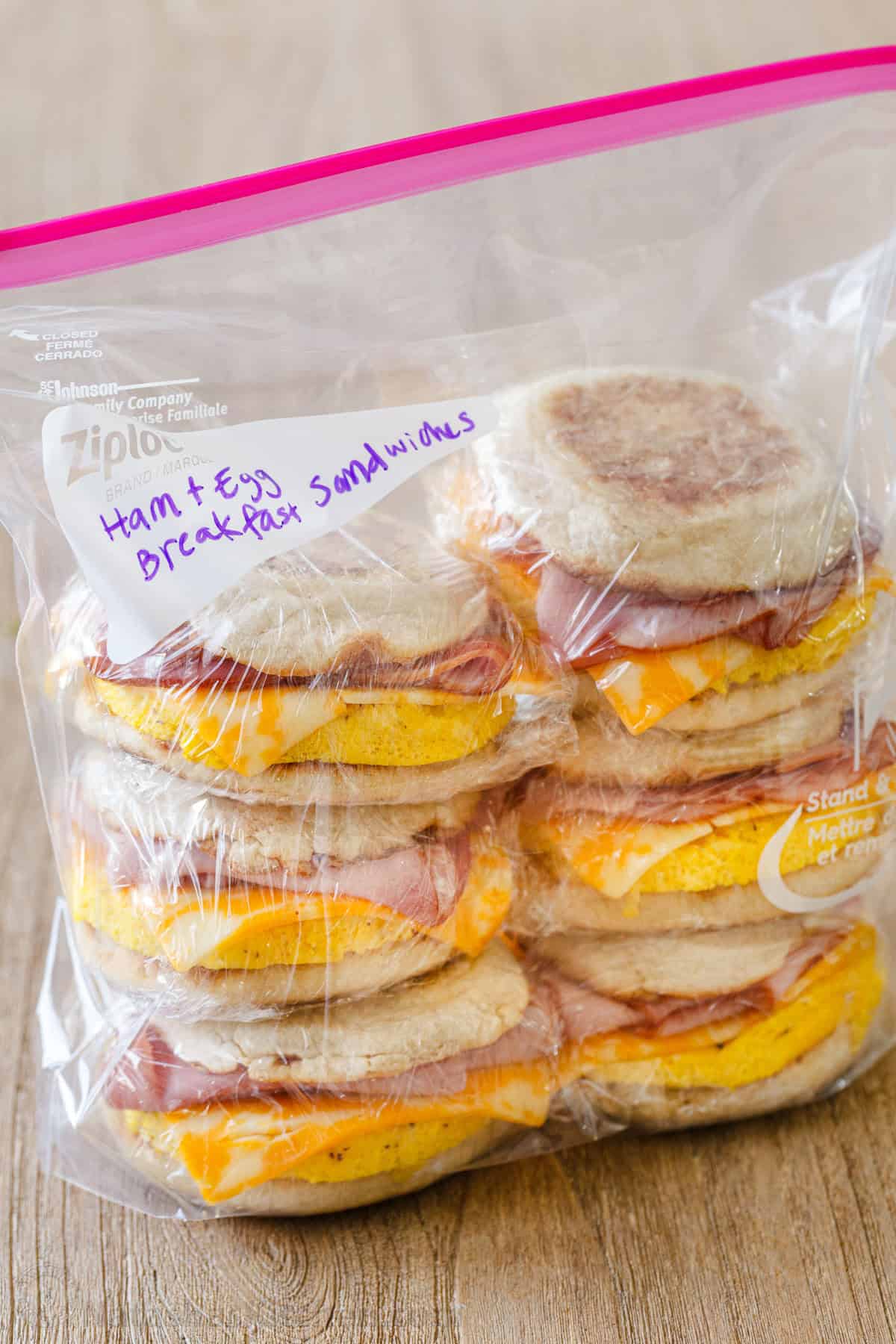 Freezer breakfast sandwiches stored in a freezer-safe zip top bag. 