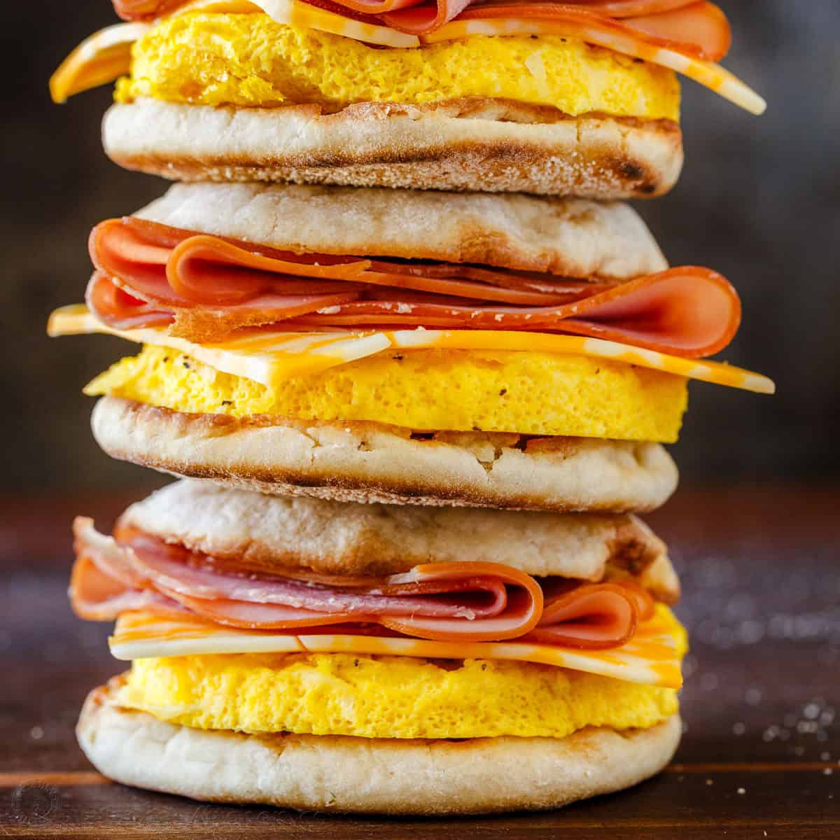 Stack of freezer breakfast sandwiches