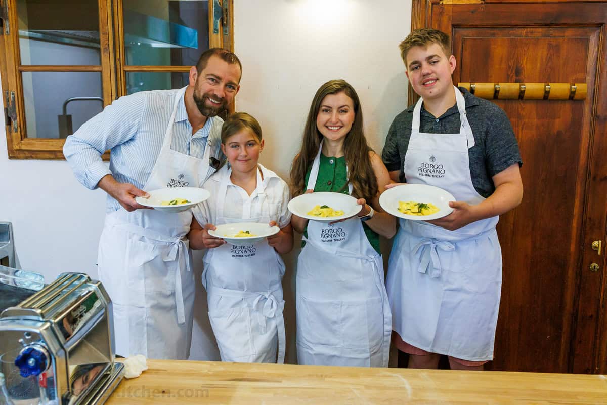 Family in Pasta cooking class in Italy
