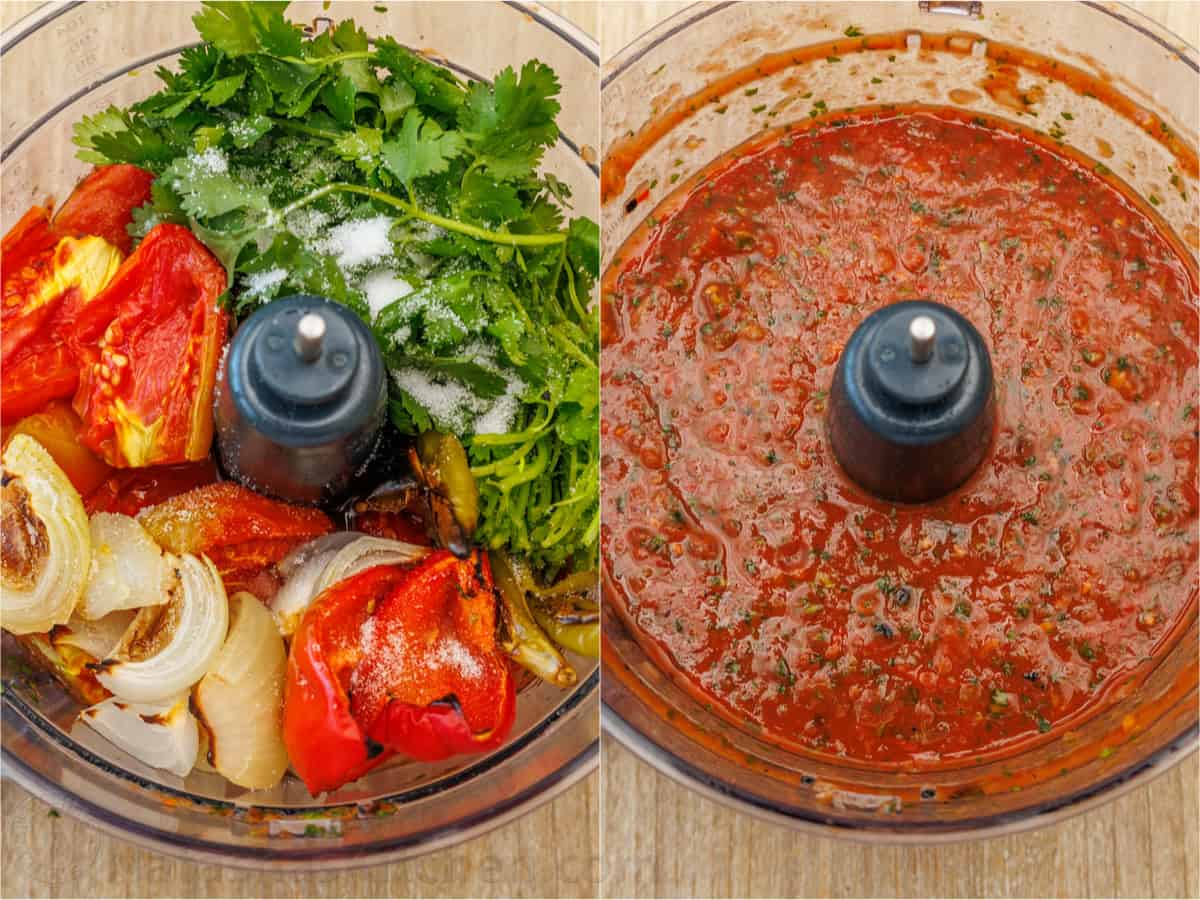 Easy Roasted tomato Salsa with smoky fire-roasted flavor, fresh cilantro, and a scoopable texture. Freezer-friendly and better than store-bought. before and after using a food processor to chop veggies for roasted tomato salsa