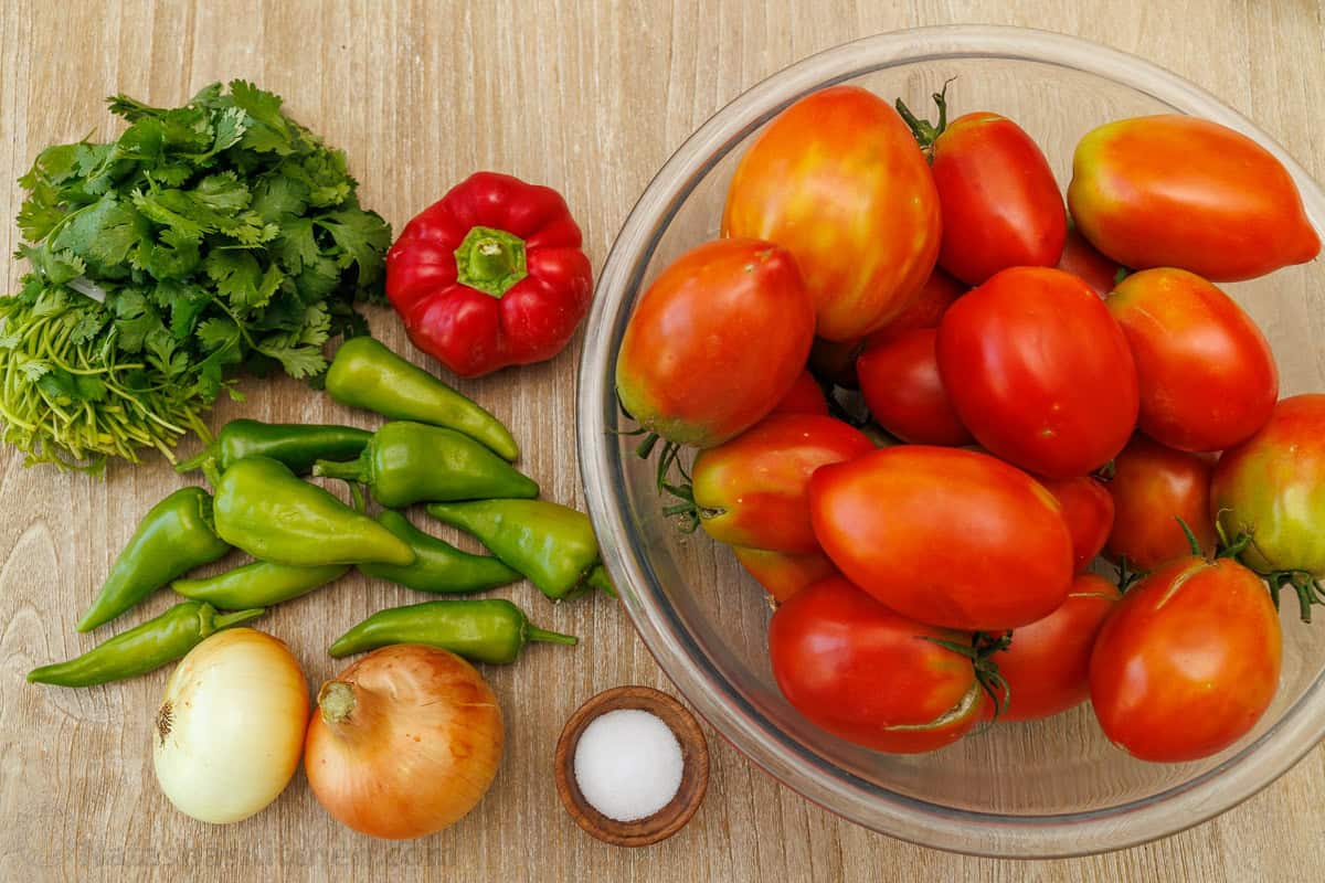 Easy Roasted tomato Salsa with smoky fire-roasted flavor, fresh cilantro, and a scoopable texture. Freezer-friendly and better than store-bought. ingredients for easy Mexican dip including cilantro, jalapeños, onion, salt, red pepper and garden tomatoes