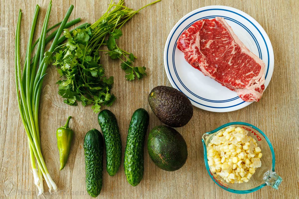Steak Salad recipe with easy pan-seared steak, crisp veggies, creamy avocado, and honey-lime dressing. Best high-protein dinner recipe! Ingredients for high-protein, low-carb beef dinner