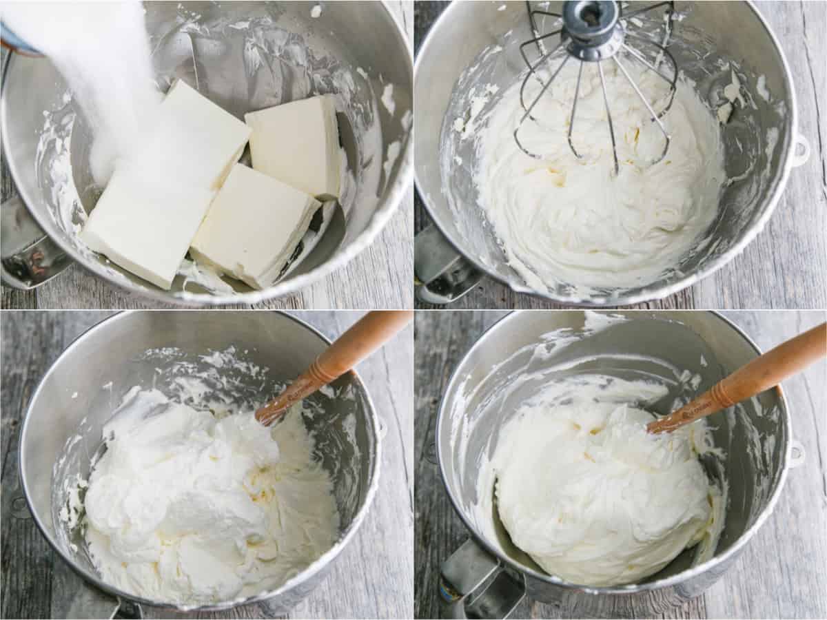 Beating cream cheese and sugar for cream cheese frosting