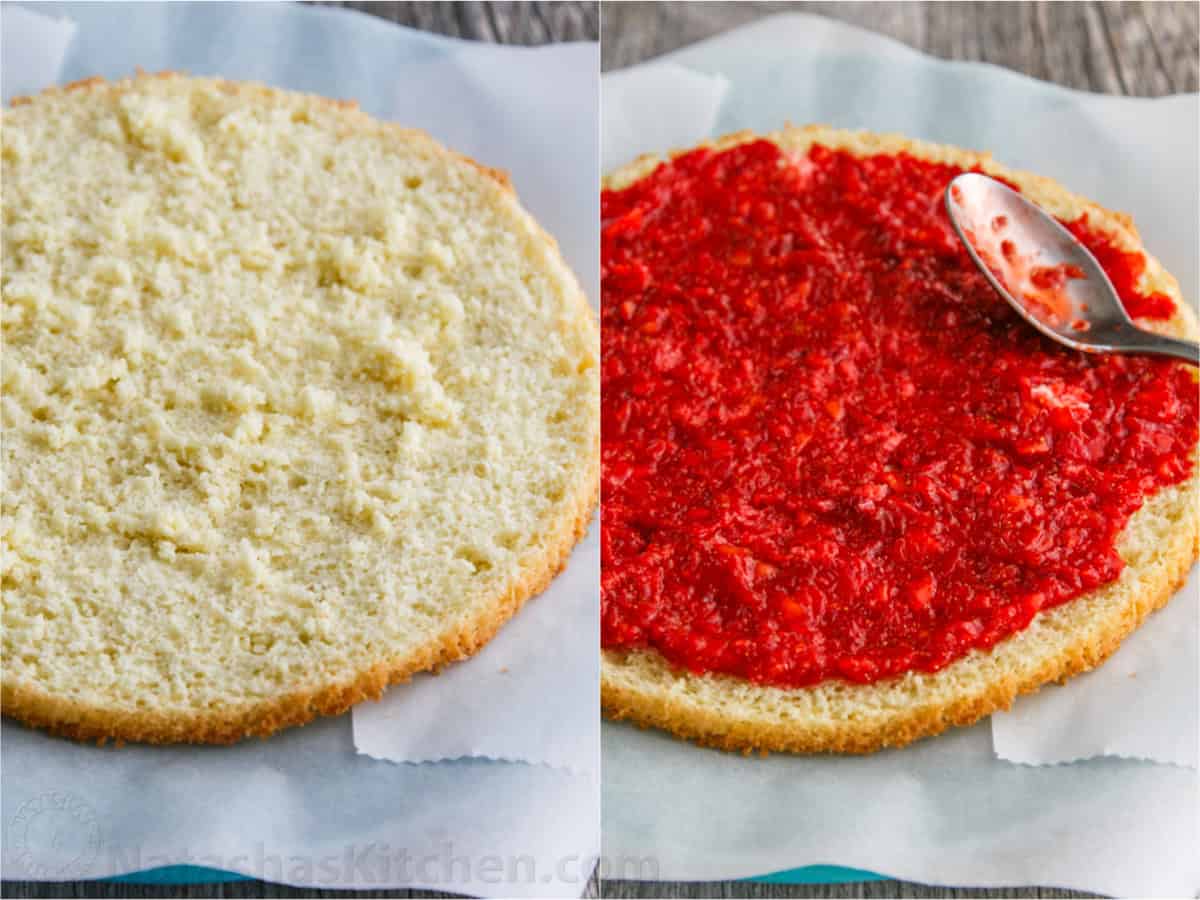 spreading strawberries on cake layers
