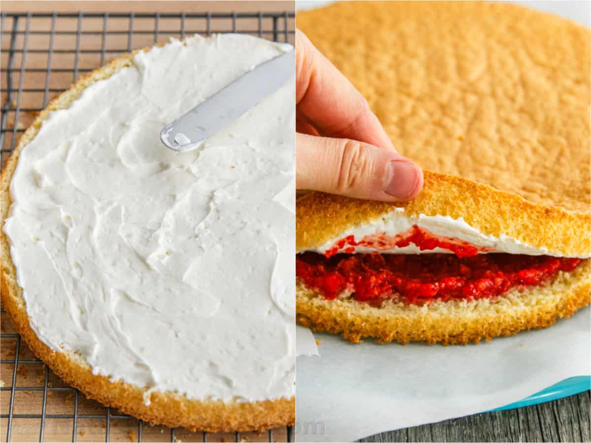 spreading frosting over cake layer