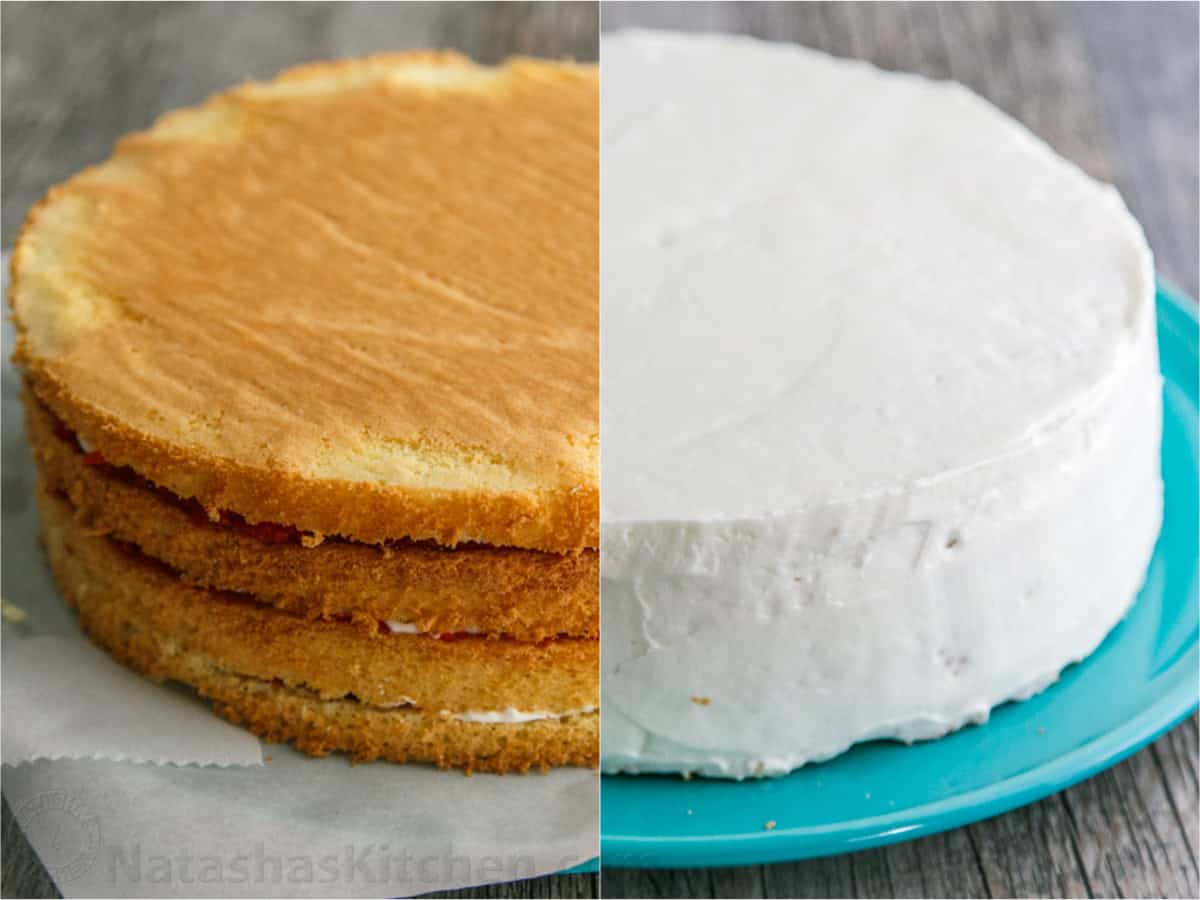 cake layers before and after frosting outside of the cake