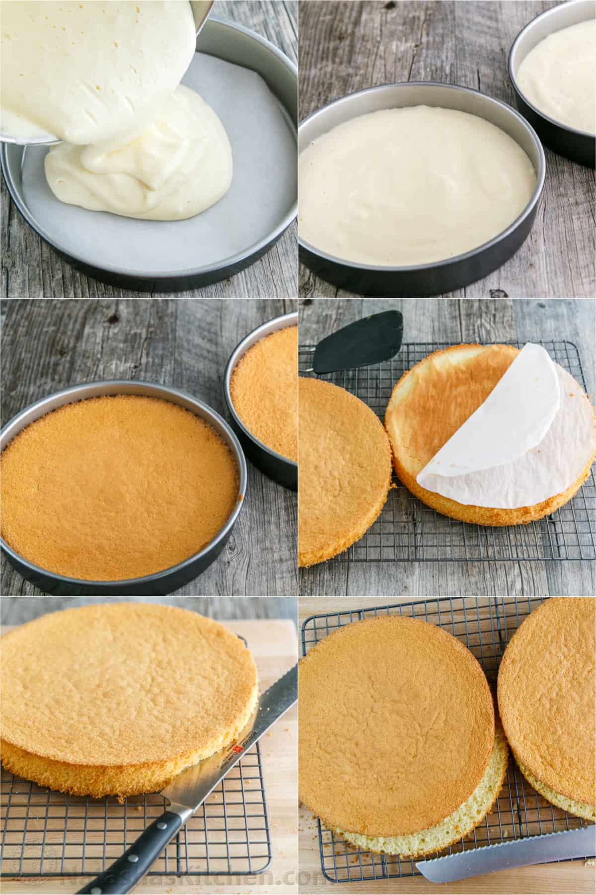 Making strawberry cake layers step by step collage