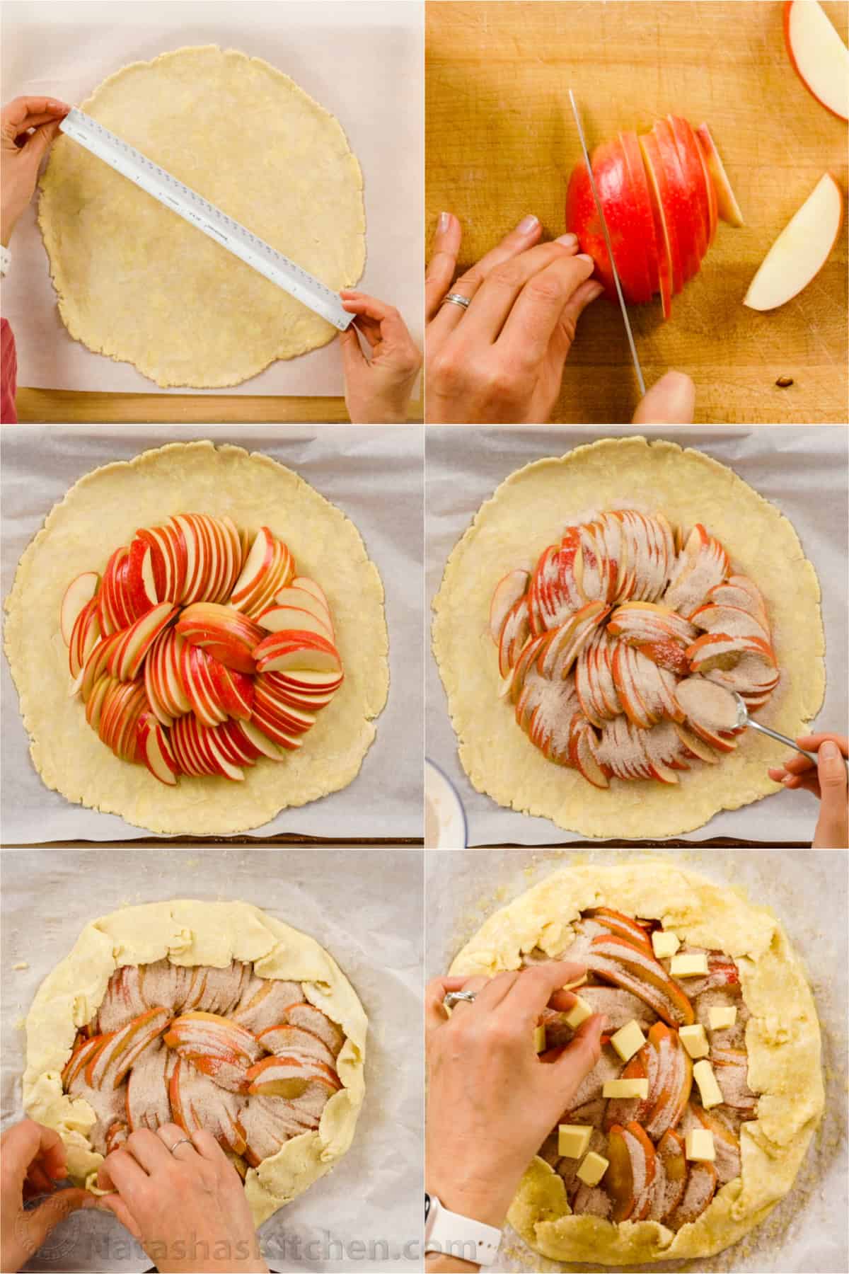 Easy Apple Galette with a flaky homemade crust and cinnamon apples. No pie plate or peeling needed for this beautiful rustic fall dessert. Rolling, filling and folding homemade apple galette step by step