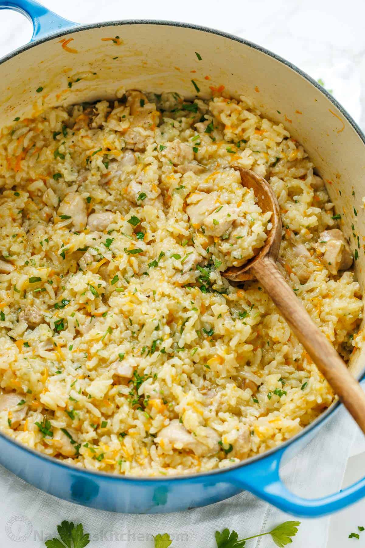 Creamy chicken and rice with Parmesan in a Dutch oven
