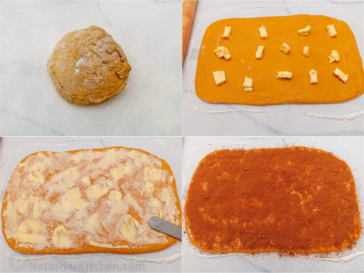 side-by-side images of how to make cinnamon rolls with pumpkin