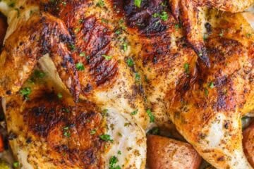 Spatchcock Chicken roasted on a baking sheet with potatoes, carrots and Brussels sprouts.