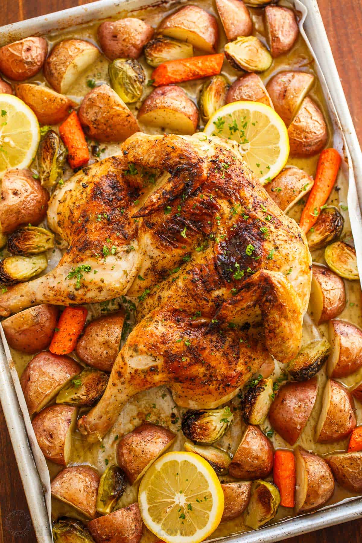 Easy Spatchcock Chicken with juicy meat, crispy skin, and garlic-herb butter. Roast it with vegetables for a simple one-pan dinner. Roasted Spatchcock Chicken on a sheet pan