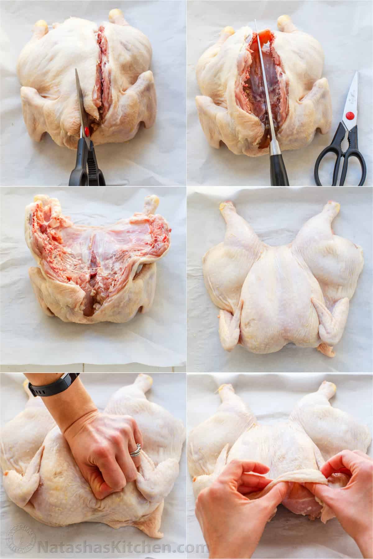 Easy Spatchcock Chicken with juicy meat, crispy skin, and garlic-herb butter. Roast it with vegetables for a simple one-pan dinner. Step by step collage how to spatchcock a whole chicken