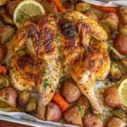 Spatchcock Chicken Recipe on a roasting pan with vegetables
