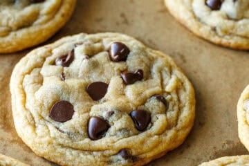 Soft and chewy homemade chocolate chip cookies on a baking sheet
